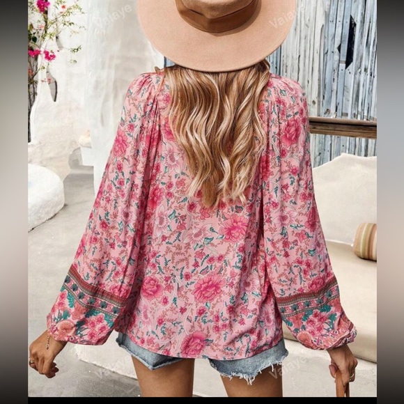 Boho Floral Print neck tie blouse - Picture 3 of 5